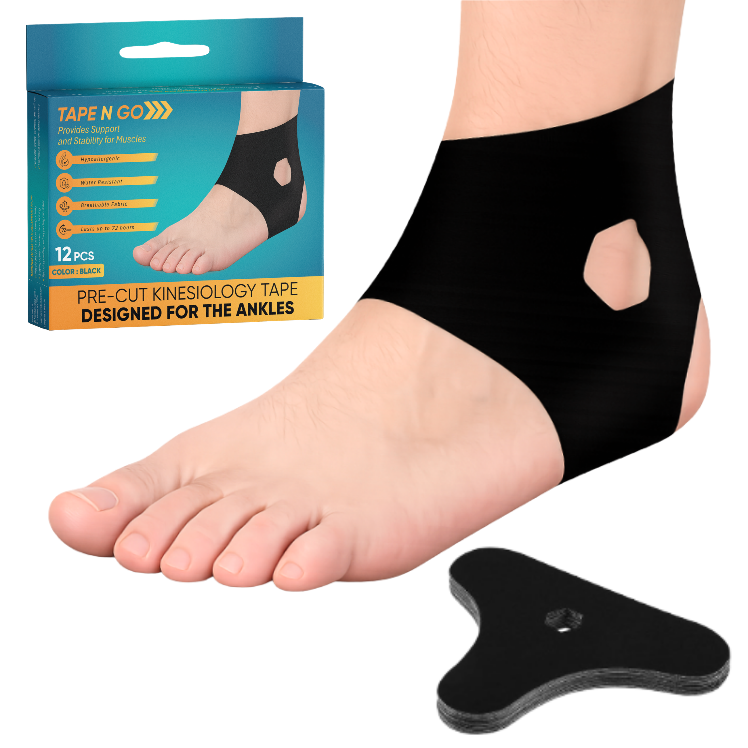 Tape N Go Precut Kinesiology Tape for Ankle Support, 12 Pack