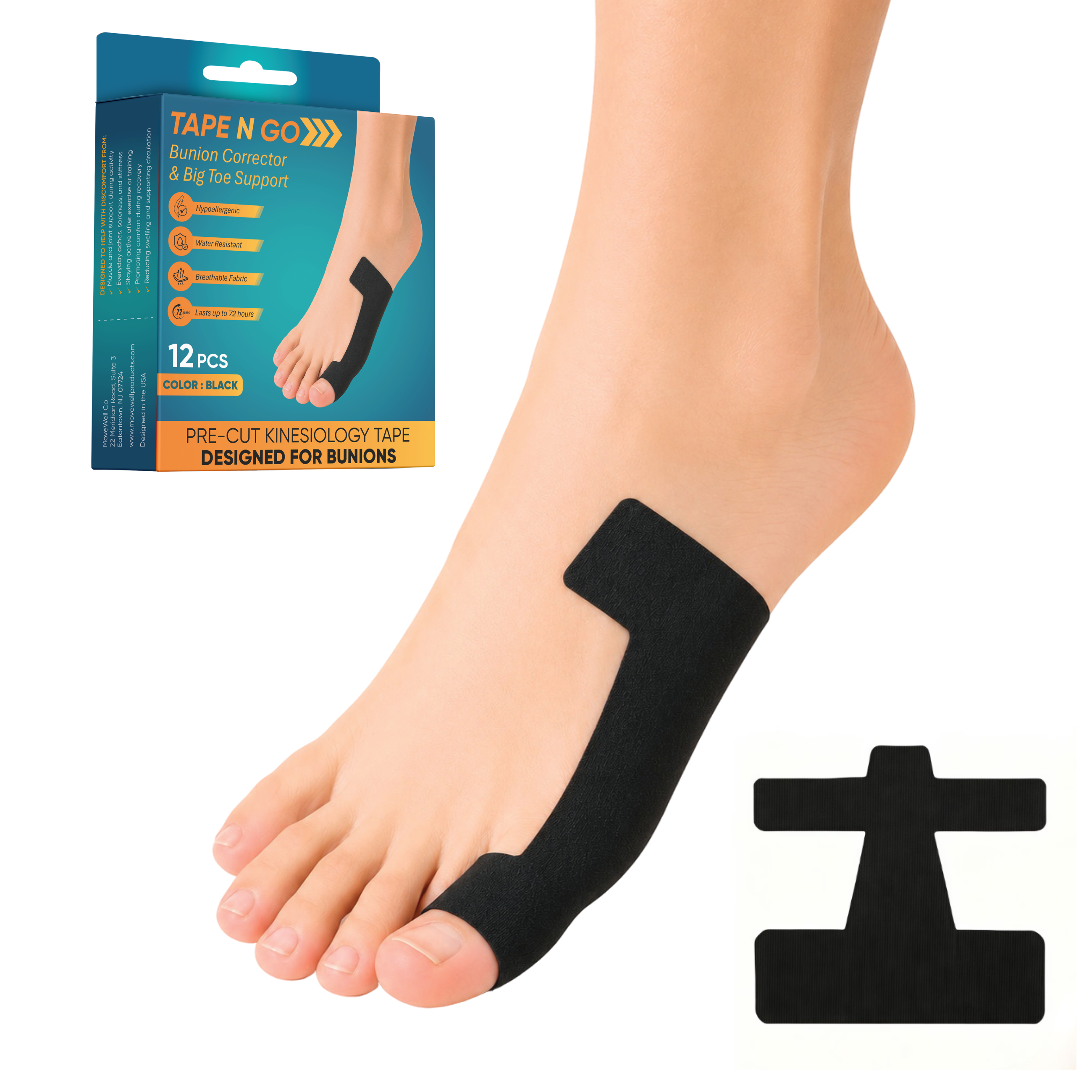 Tape N Go Precut Kinesiology Tape for Bunions & Big Toe Corrector, 12 Pack