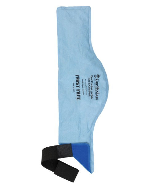 Blue hot cold pack with black strap on a white background