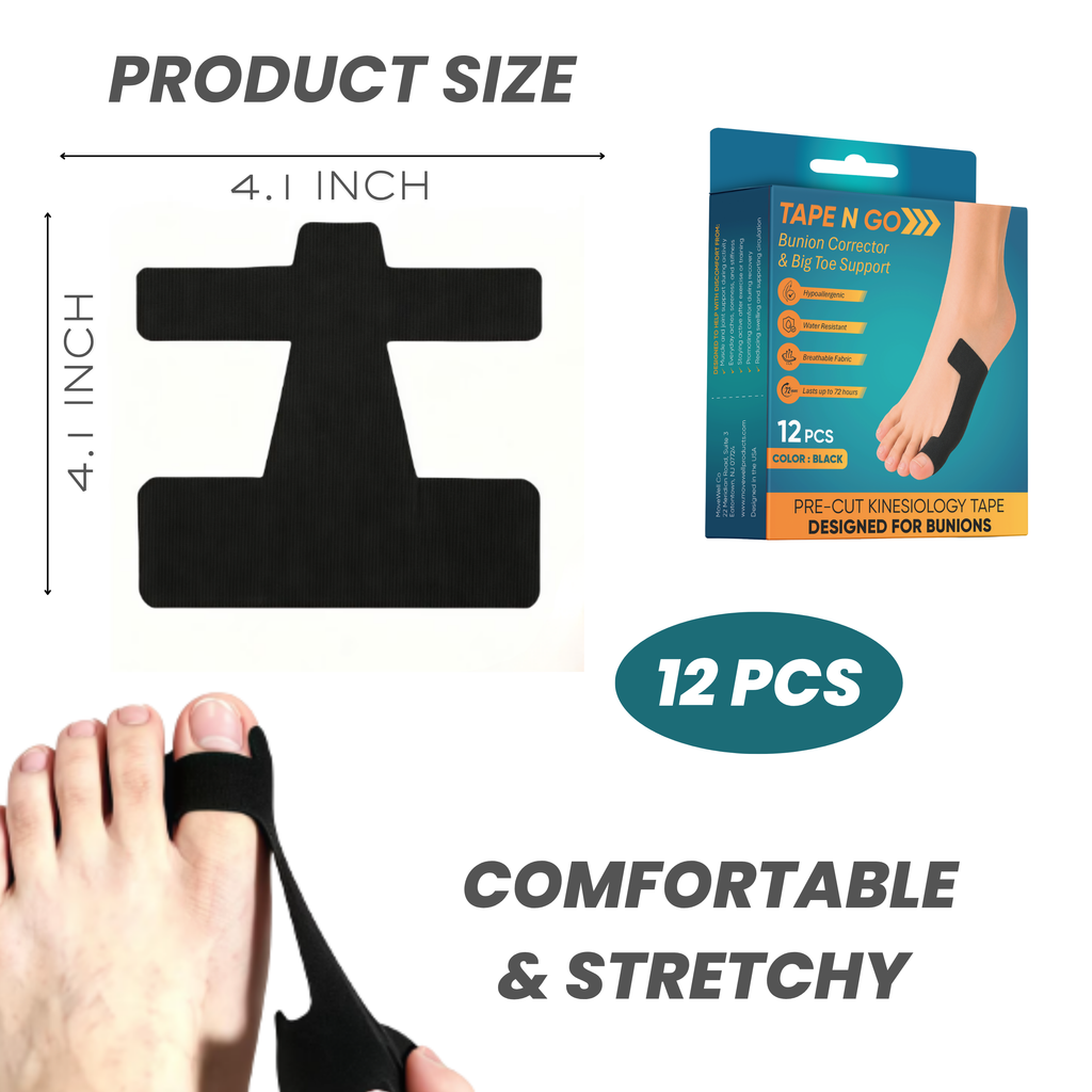 Tape N Go Precut Kinesiology Tape for Bunions & Big Toe Corrector, 12 Pack
