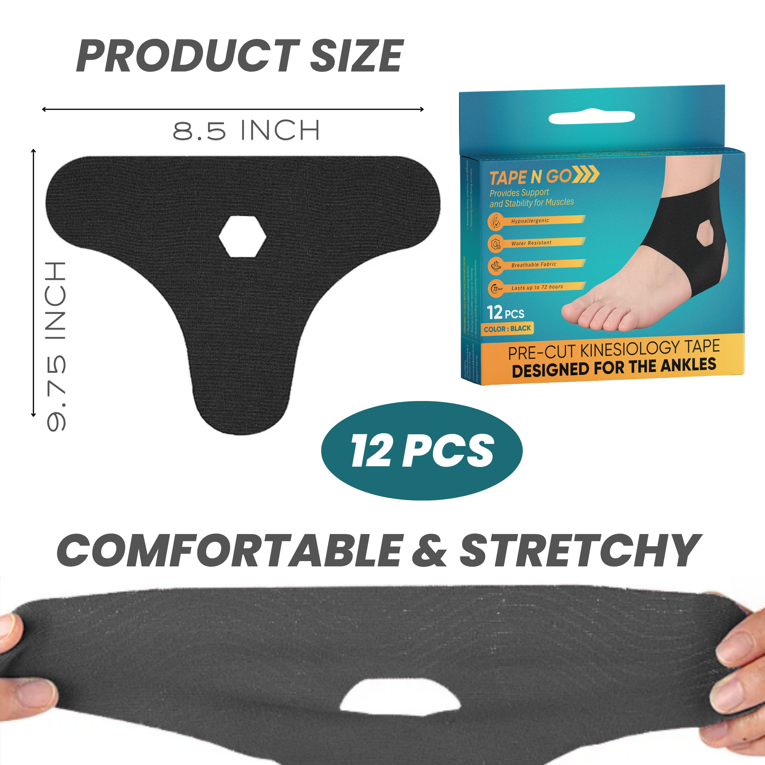 Tape N Go Precut Kinesiology Tape for Ankle Support, 12 Pack