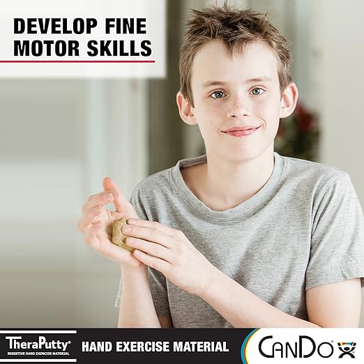 Young boy holding a ball with text about developing fine motor skills using TheraPutty and Cando products.