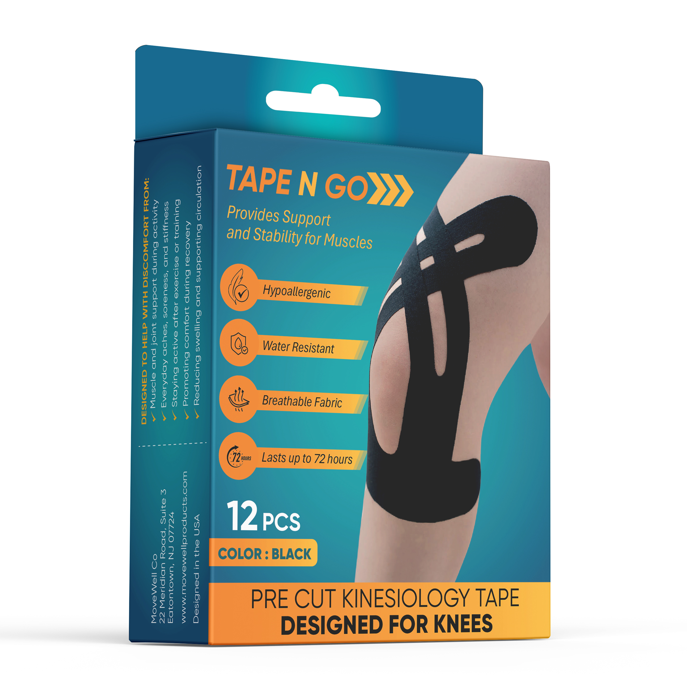 MoveWell Co Precut Kinesiology Tape for Knee Support, 12 Pack