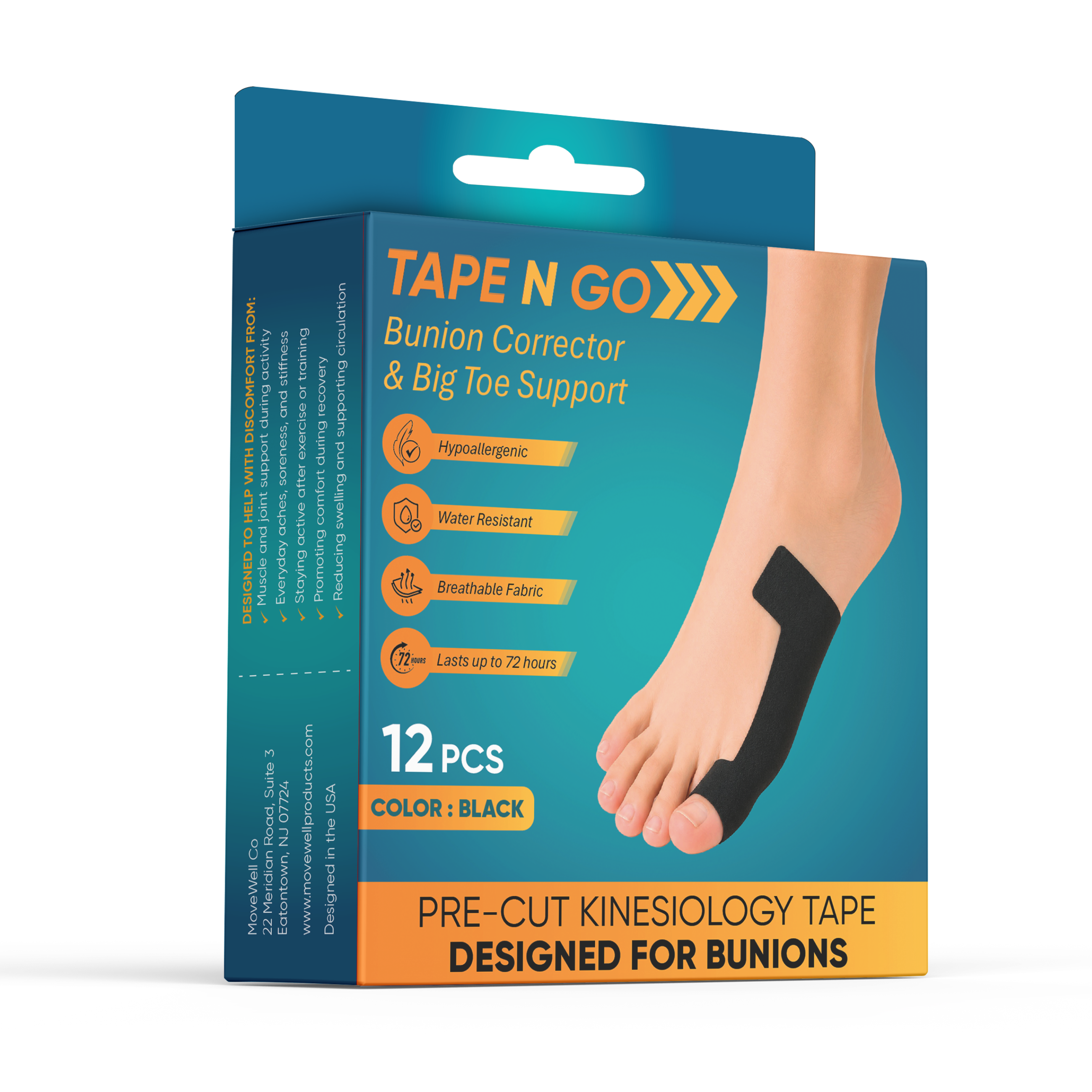 Tape N Go Precut Kinesiology Tape for Bunions & Big Toe Corrector, 12 Pack