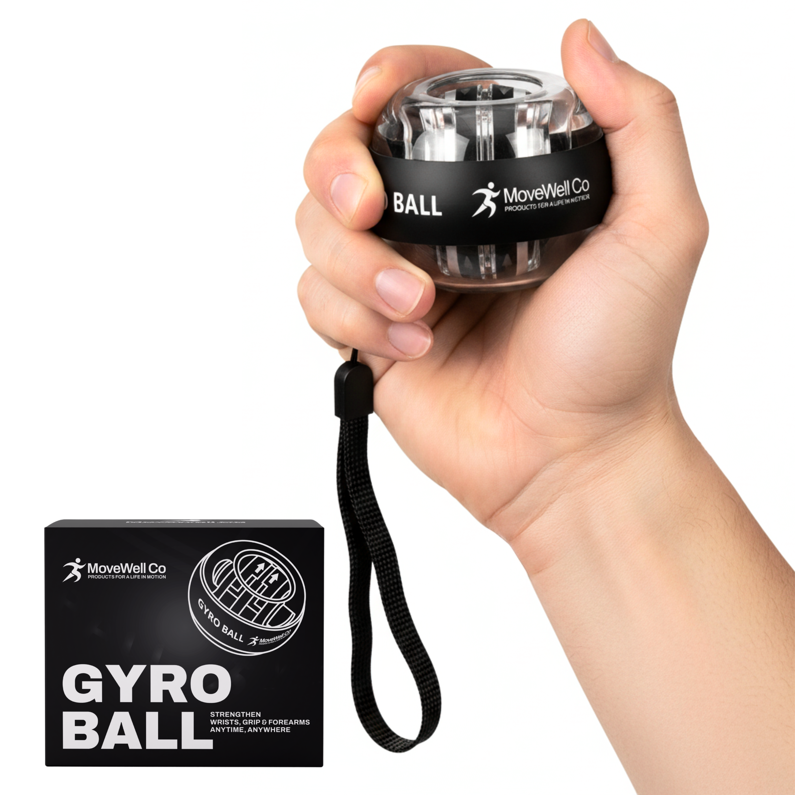 MoveWell Co Gyro Ball Wrist Strengthener – Auto-Start Hand Exerciser, Grip Strength Trainer, Forearm & Finger Strengthening Device, Self-Powered Resistance Ball