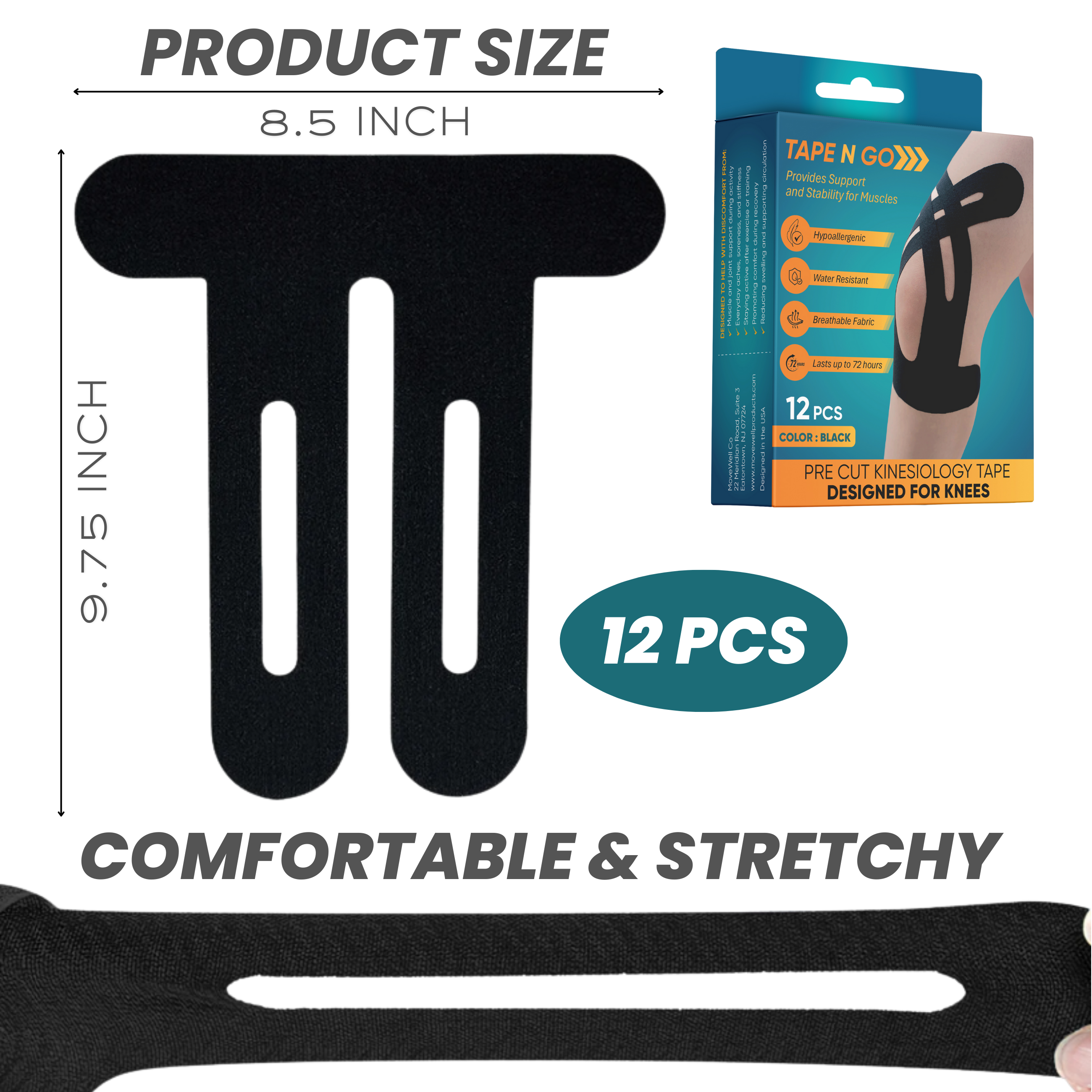 MoveWell Co Precut Kinesiology Tape for Knee Support, 12 Pack