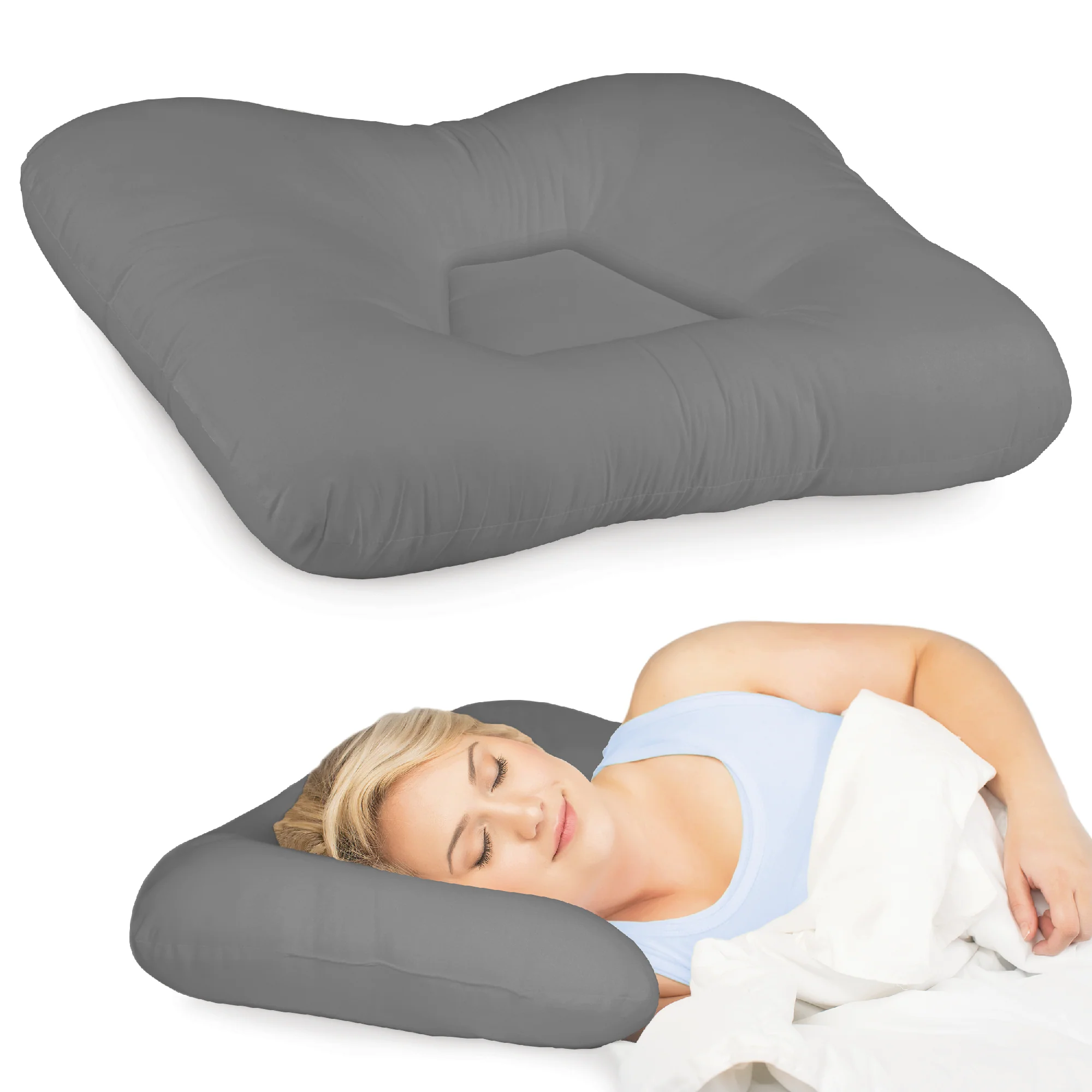 Gray Core Products cervical pillow with a woman sleeping on it on a white background