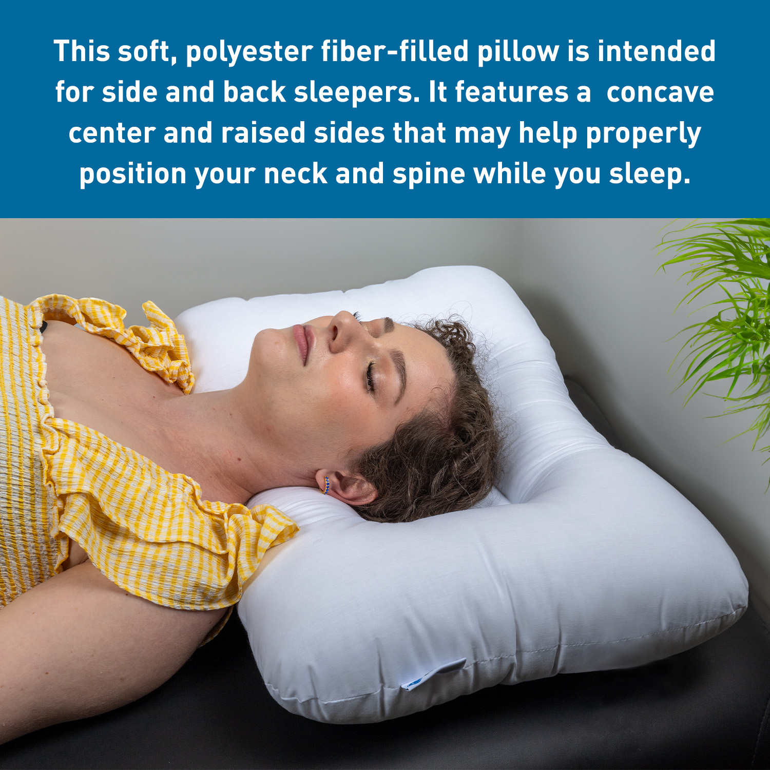 Woman lying on a white cervical pillow with text describing its features