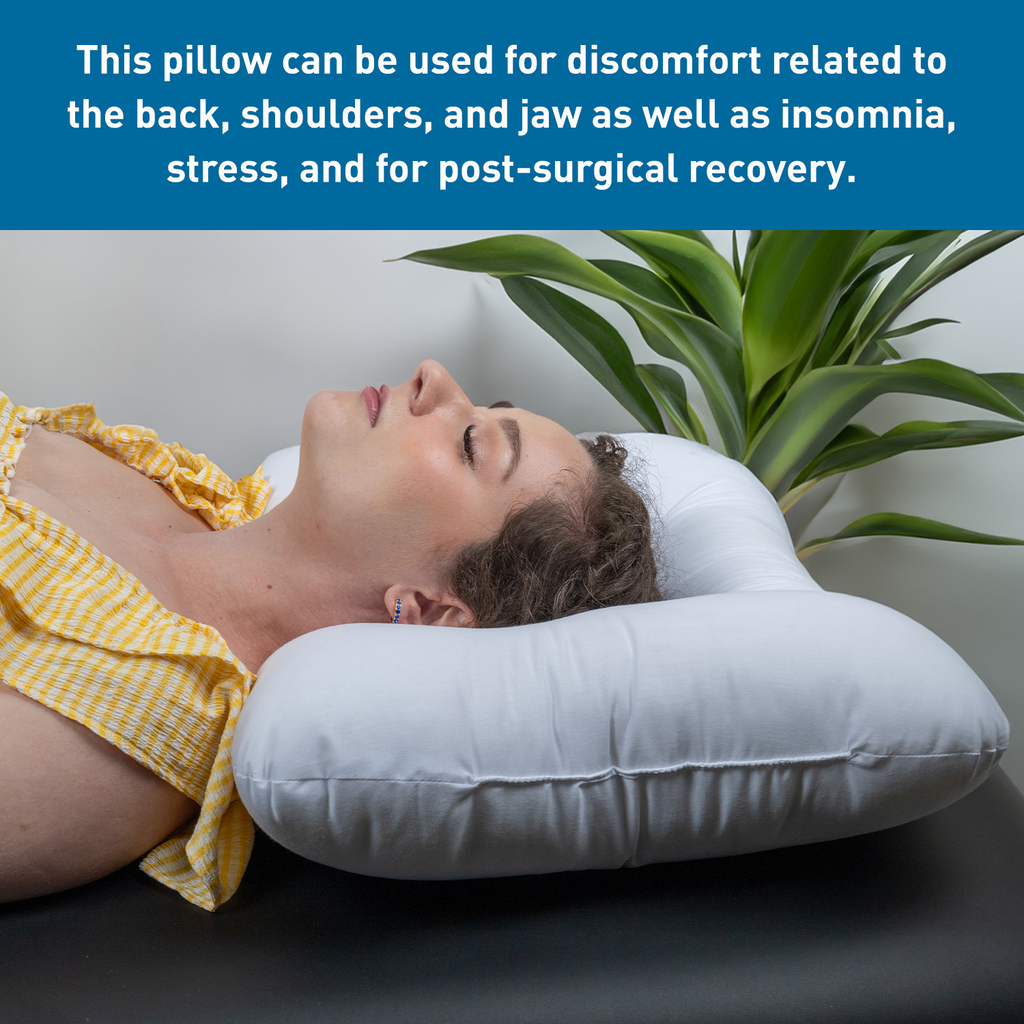 Woman lying on a white cervical pillow with text about its uses.