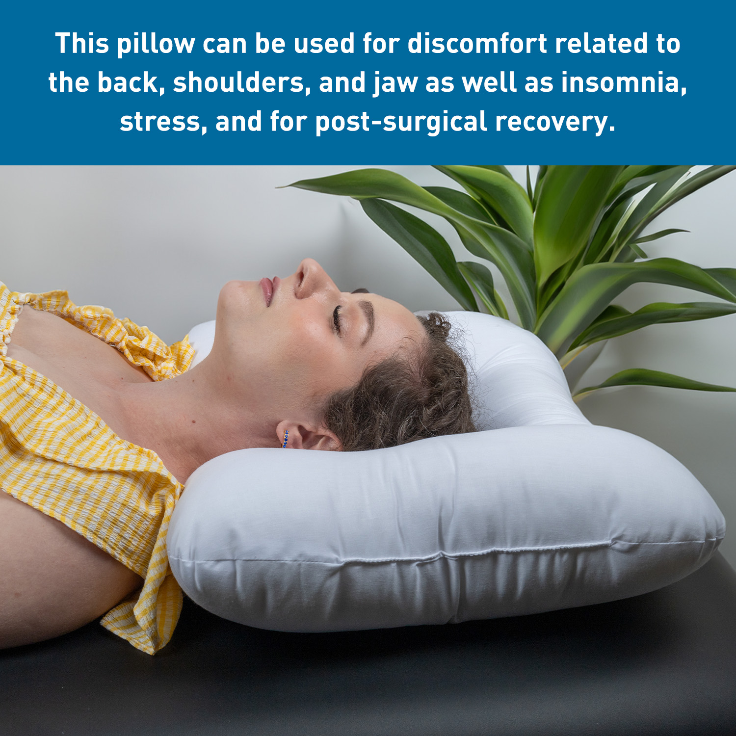 Woman lying on a white cervical pillow with text about its uses.