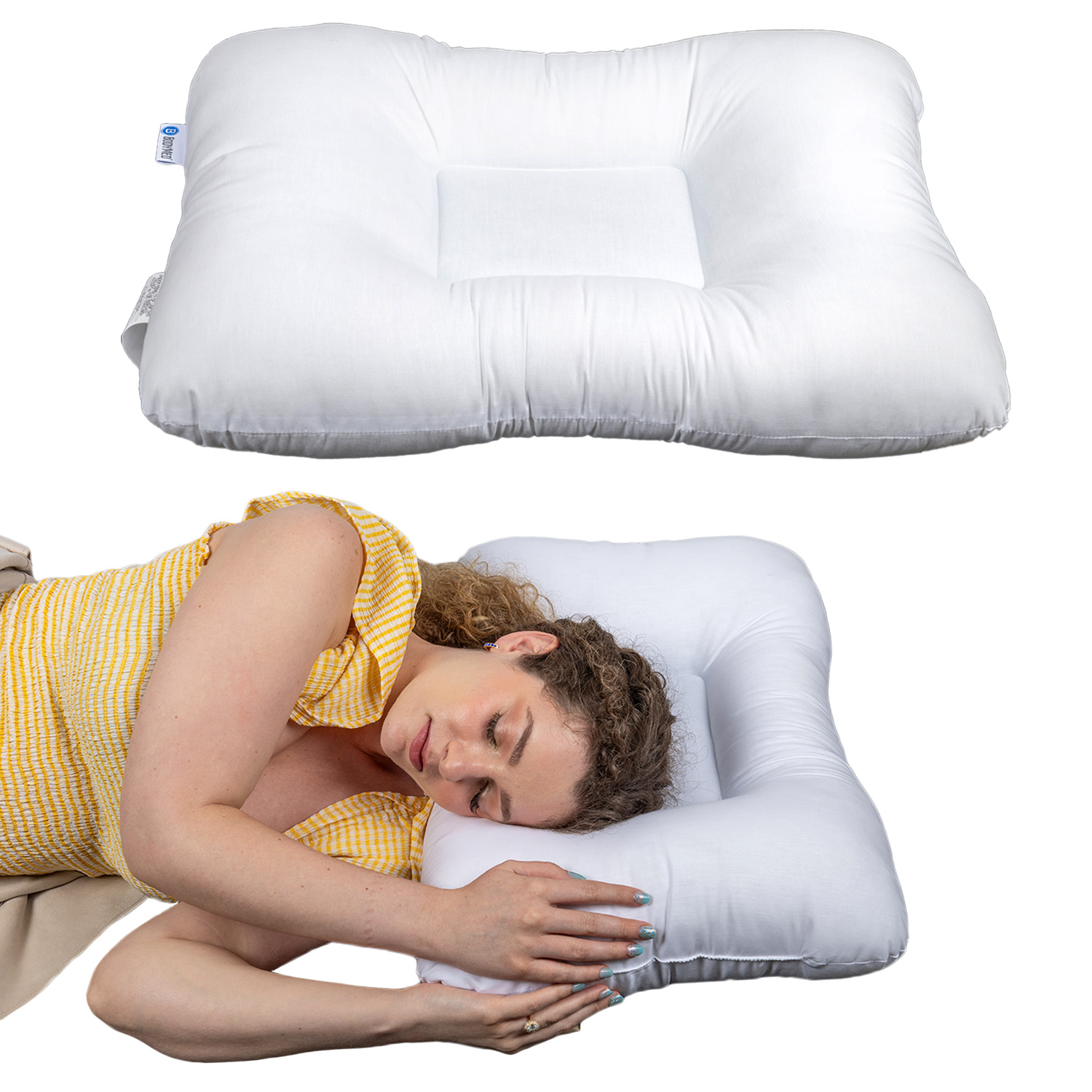 White cervical pillow with a woman using it on a white background