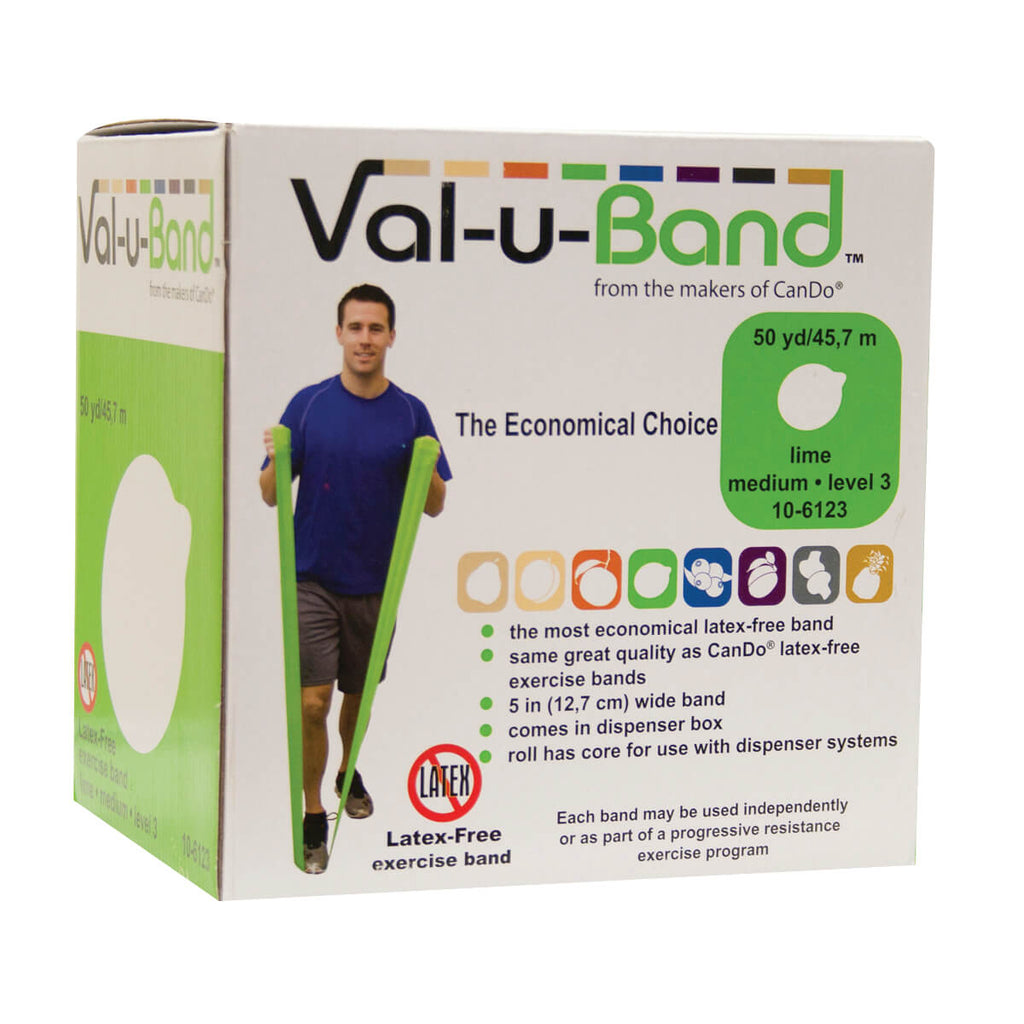 Val U Band Latex Free Exercise Bands - 5 Foot Strips, 50 & 100 Yard Rolls - CanDo