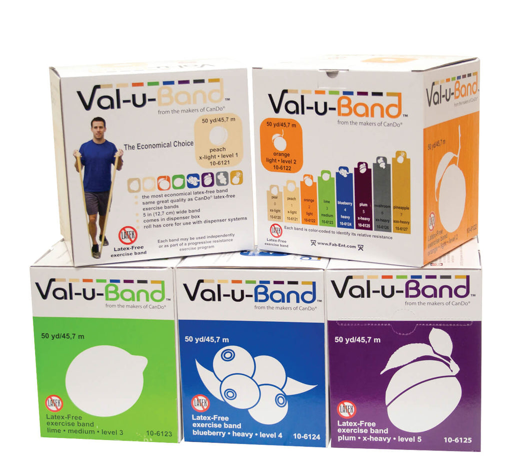 Val U Band Latex Free Exercise Bands - 5 Foot Strips, 50 & 100 Yard Rolls - CanDo