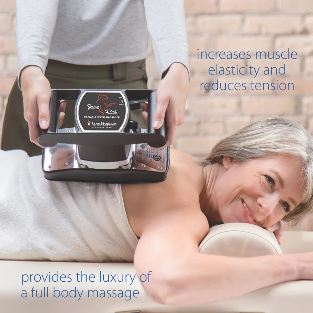 Person using a handheld massage device on a woman's back with text about muscle elasticity and tension reduction.