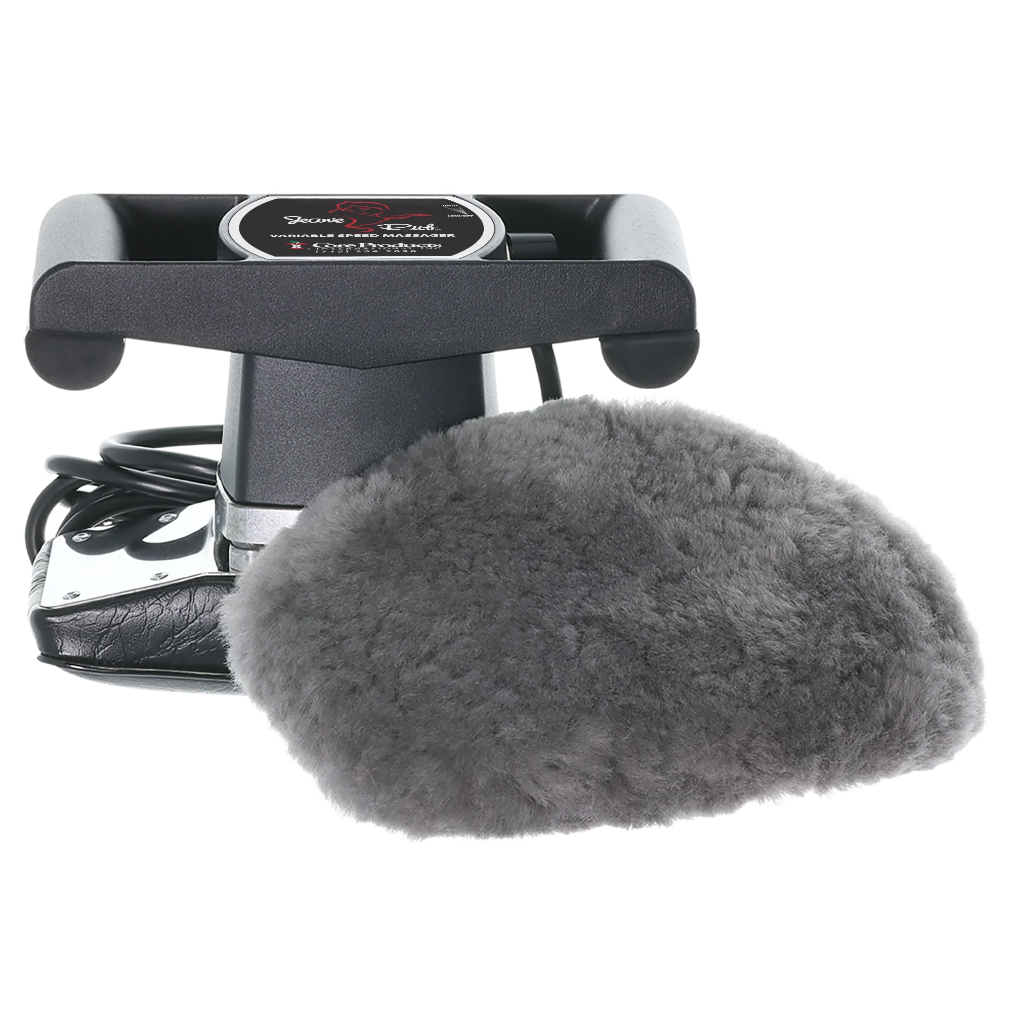 Jeanie Rub Massager and sheep skin cover on white background. 