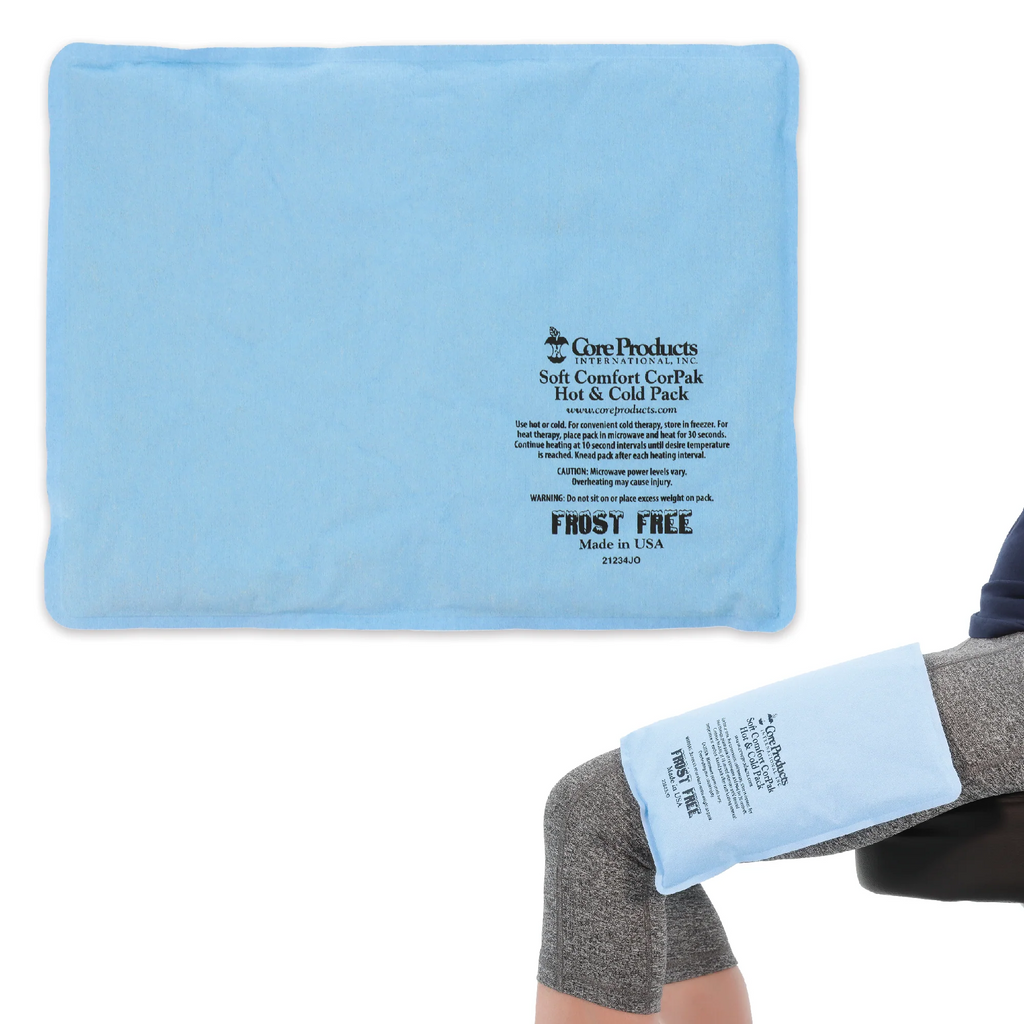 Blue hot and cold pack with a person using it on their arm, branded 'Core Products'.
