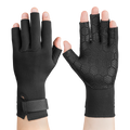 Black half-finger gloves on a white background