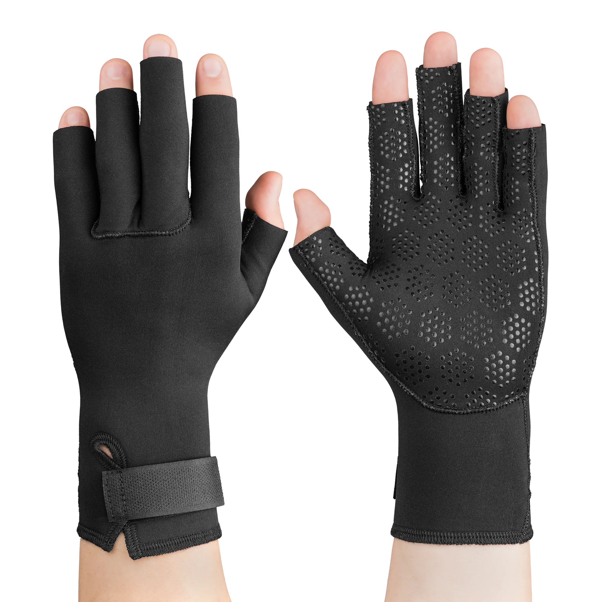 Black half-finger gloves on a white background