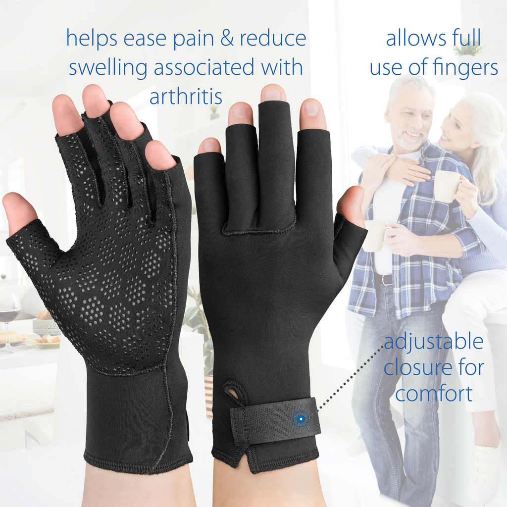 Black gloves with text highlighting benefits on a white background