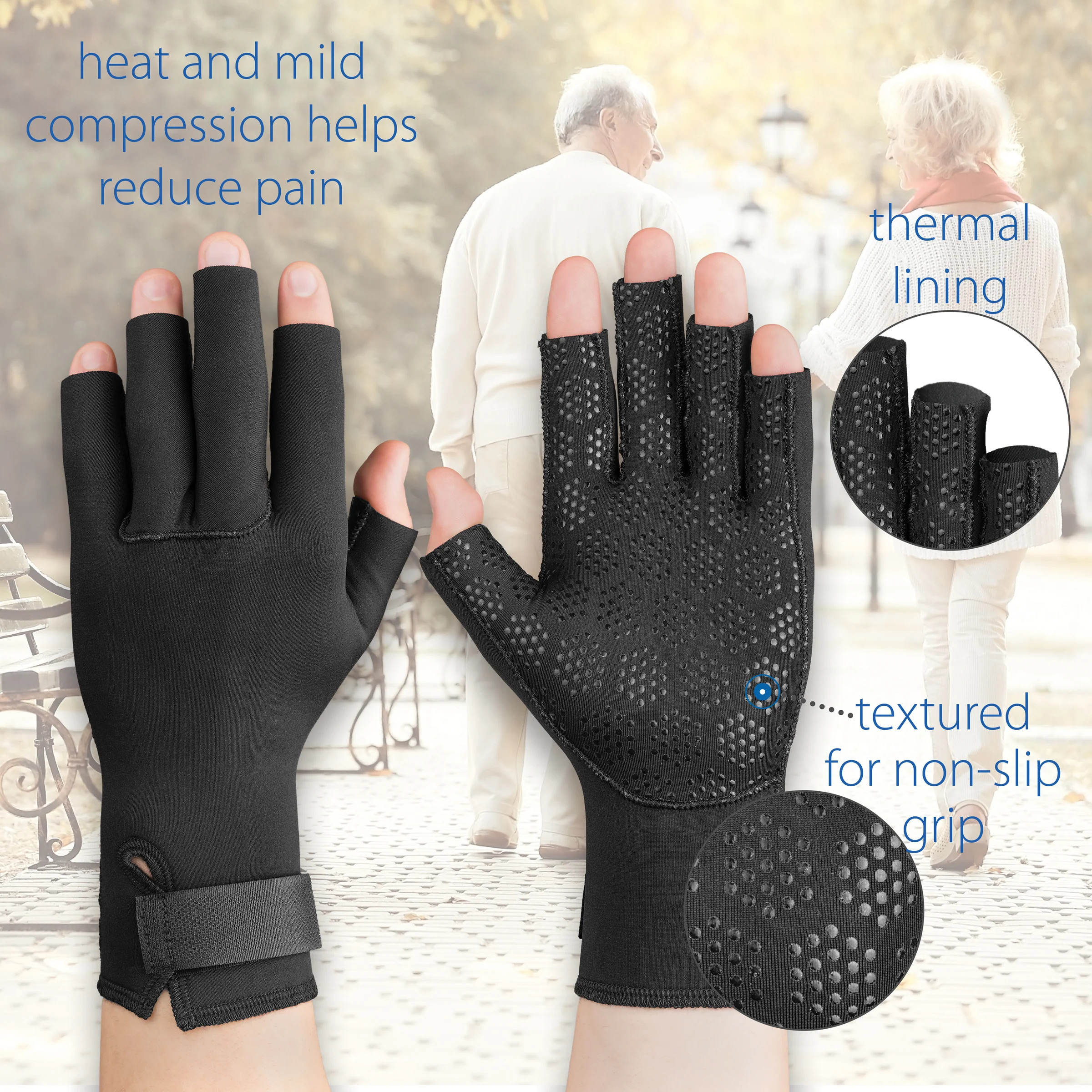 Black compression glove with text highlighting features on a blurred background of two people walking.