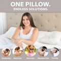 Woman lying on a bed with a pillow, surrounded by icons and text about pain solutions.