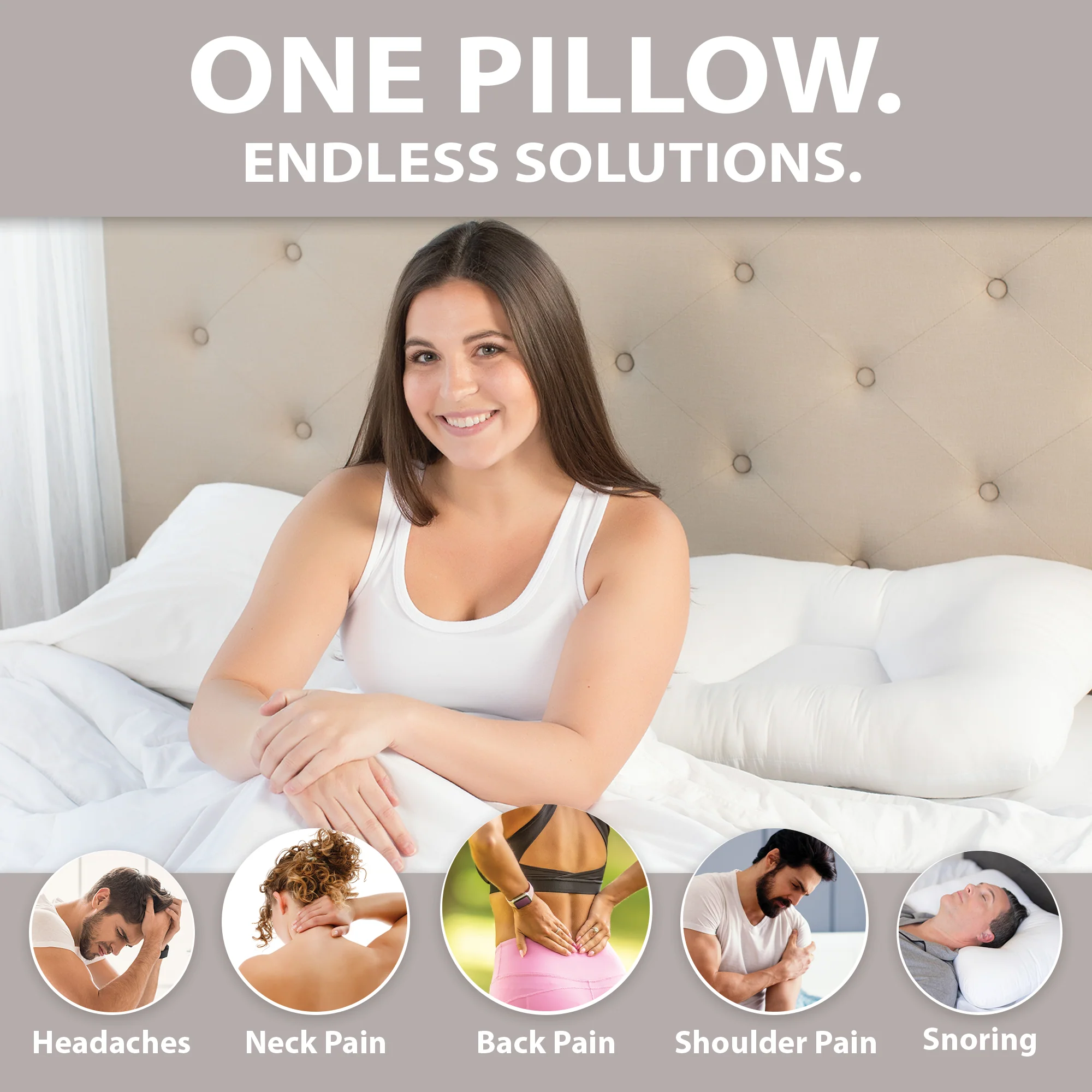 Woman lying on a bed with a pillow, surrounded by icons and text about pain solutions.