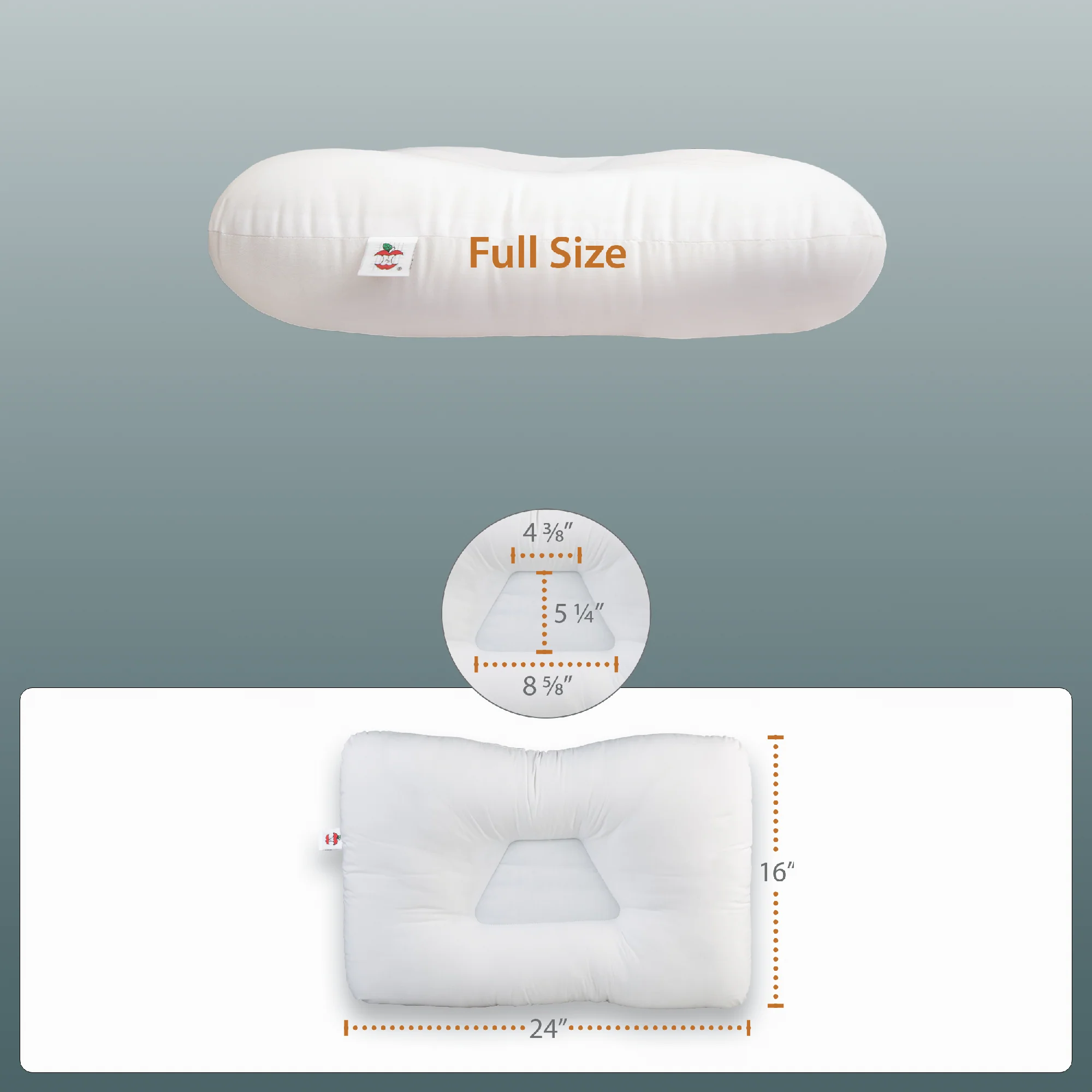 Measurement chart of a full size pillow with dimensions on a gray background
