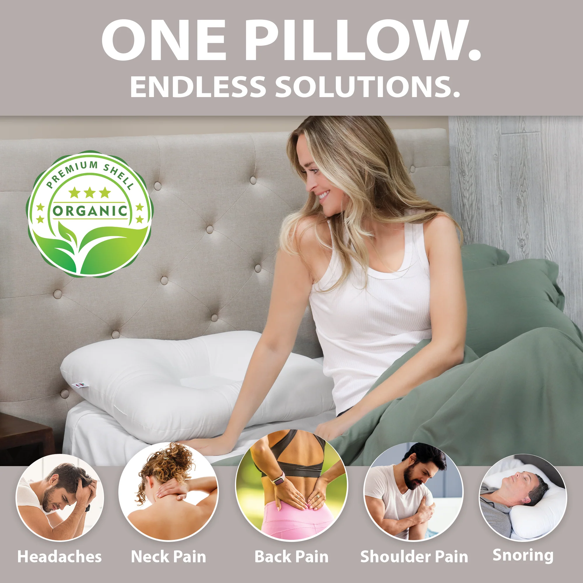 Woman sitting on a bed with a pillow, surrounded by icons and text about health benefits.