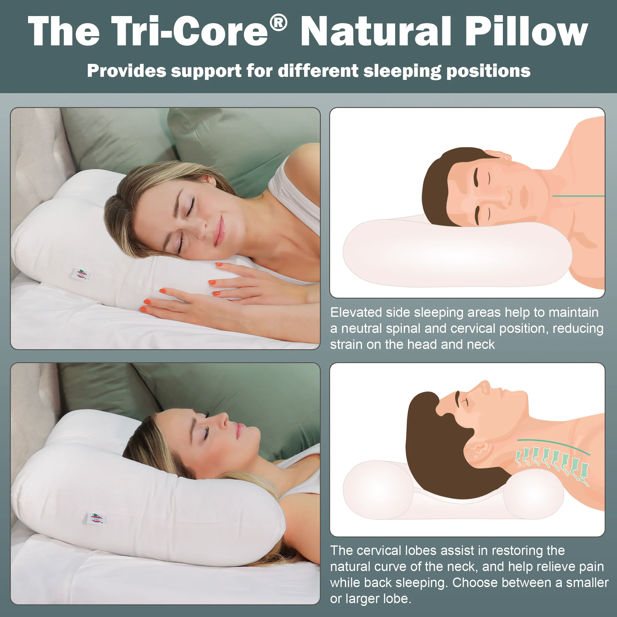 Advertisement for Tri-Core Natural Pillow showing its use by different sleeping positions.