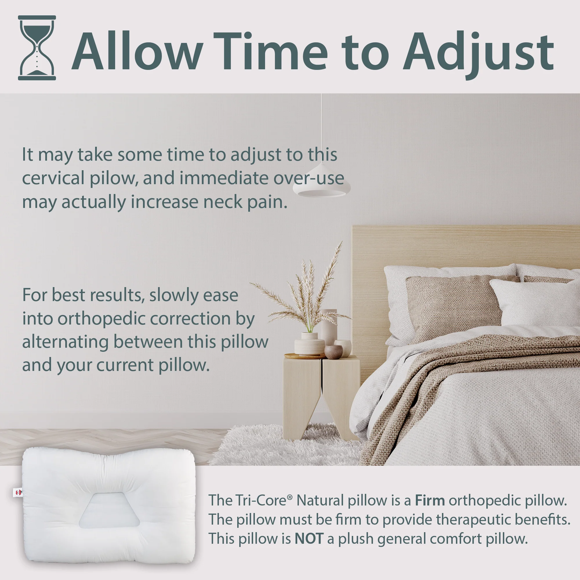 Bedroom scene with a Tri-Core Natural pillow and text on adjusting to cervical pillows.